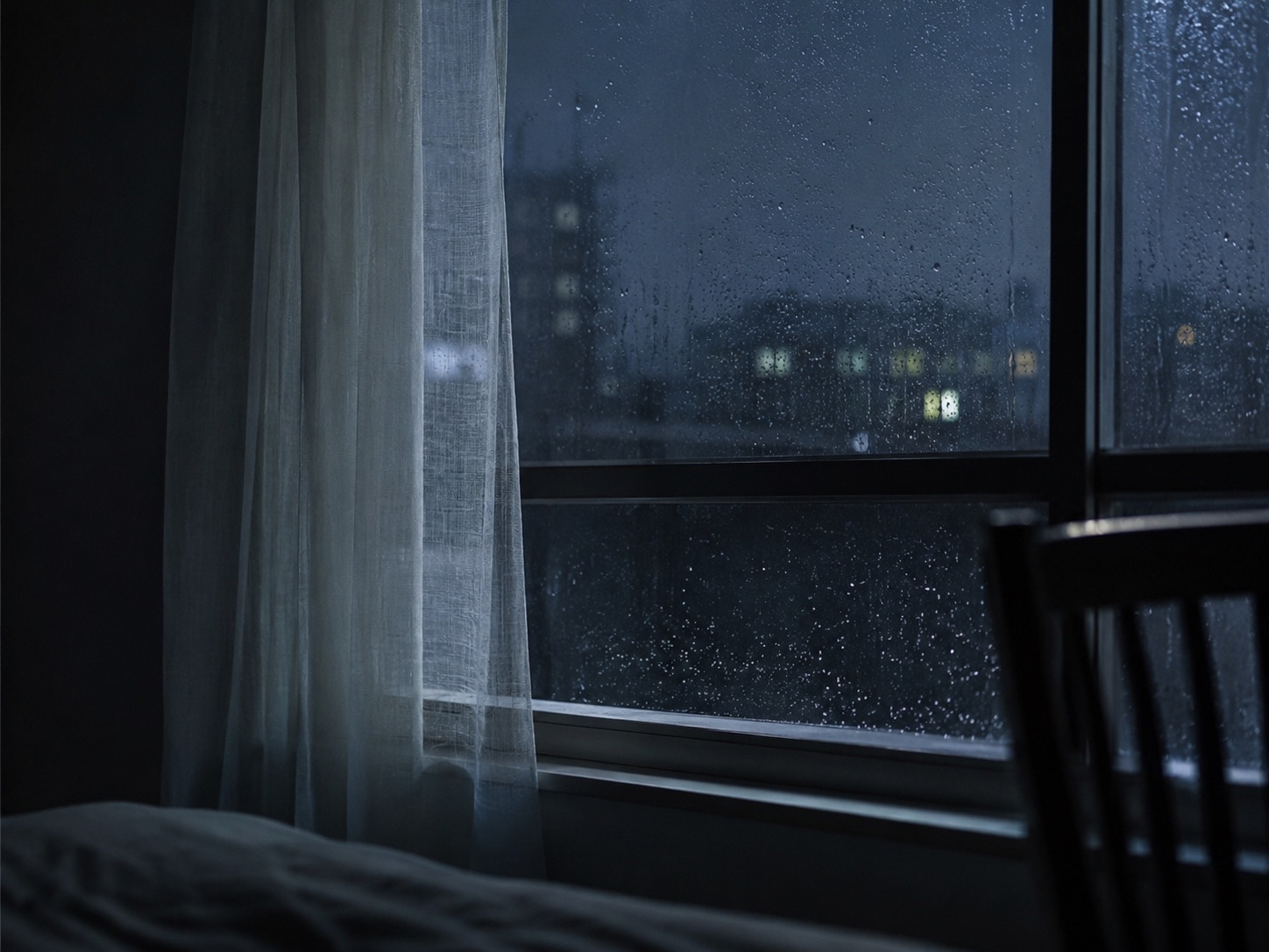 雨粒のついた夜の窓と白いカーテン